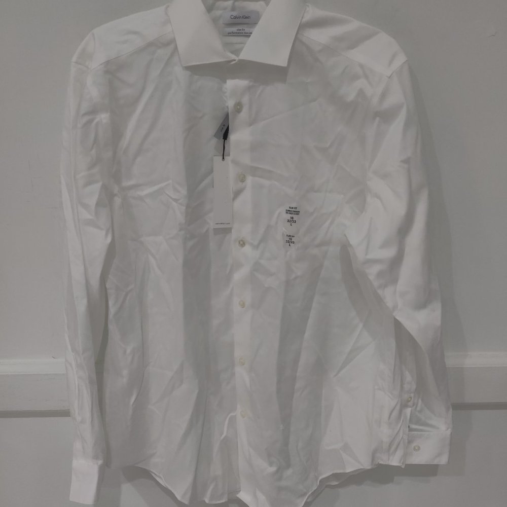 DEFECT Calvin Klein Mens Slim Fit Herringbone Dress White Sz 16 32/33 $75 2A148